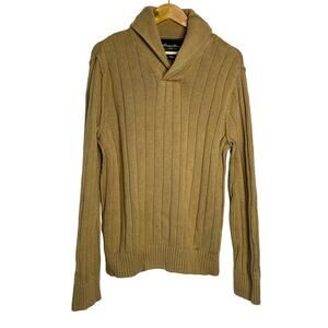 Eddie Bauer Sweater Mens Large Tan Shawl Collar Knit Grandpacore Linen Fisherman